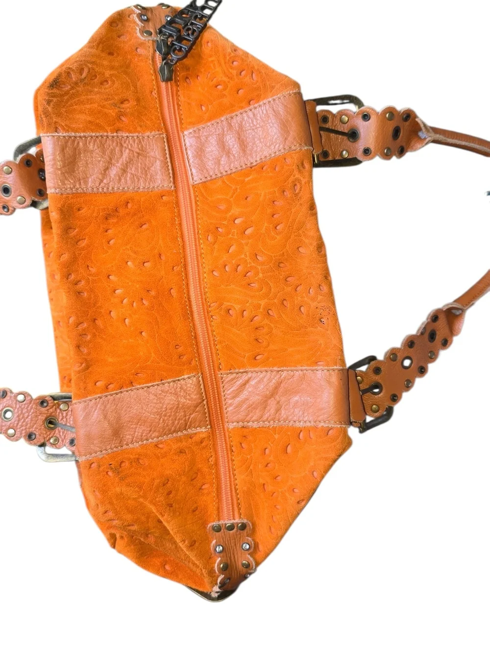 Charm And Luck Bright Orange Floral-Embossed Satchel with Studded Leather Straps